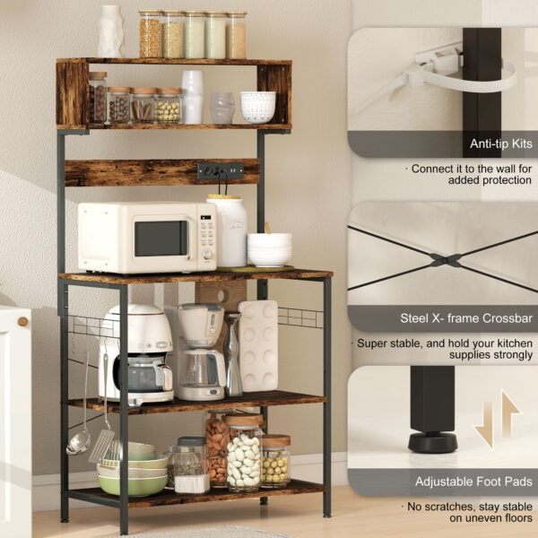 Baker's Rack with Charing Station, Microwave Shelf with Power Outlet, USB Charger and 5 Hooks, Rustic Brown