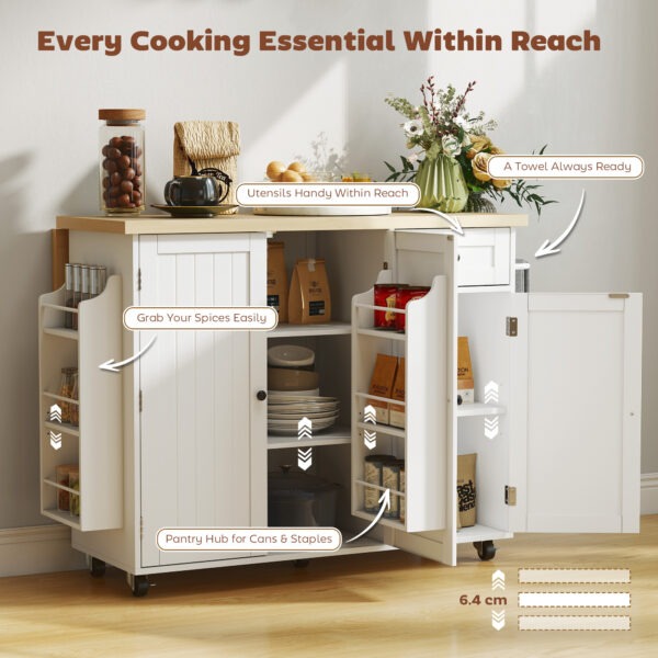 Kitchen Island Cart, Rolling Kitchen Island Table with Drop Leaf, Drawer, Spice and Towel Rack, White