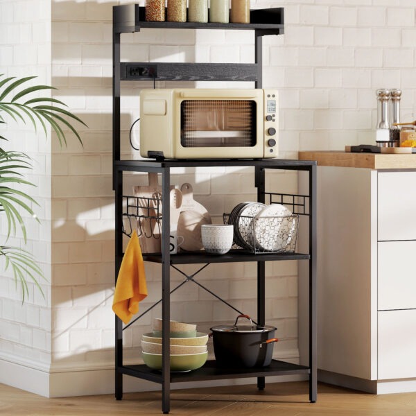 Kitchen Baker's Rack with Power Outlet, Coffee Bar Station with Adjustable Shelves and Hooks, Distressed Black