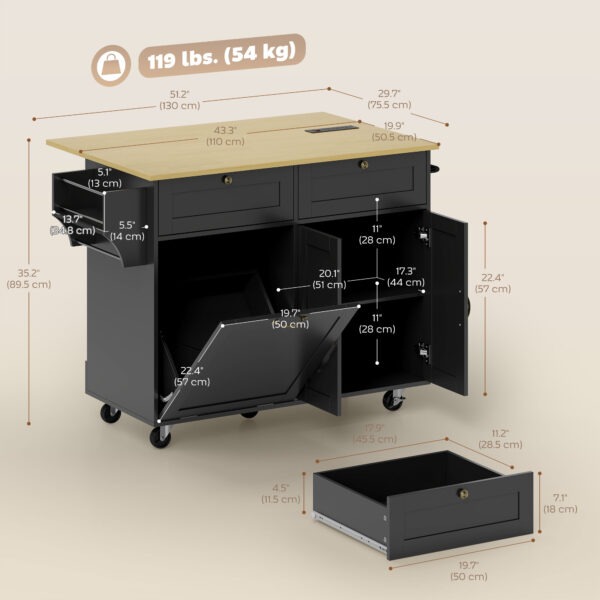 Kitchen Island Cart with Charging Station and Drop Leaf, Kitchen Island Table on Wheels with Trash Can Cabinet, Black