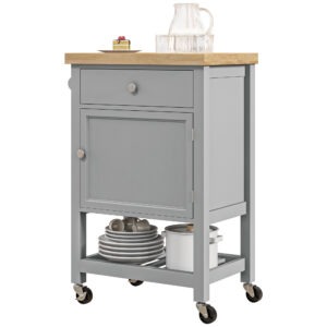 Kitchen Cart on Wheels, Rolling Kitchen Island Cart with Wood Top, Towel Rack, Drawer and Shelf for Dining Area, Grey