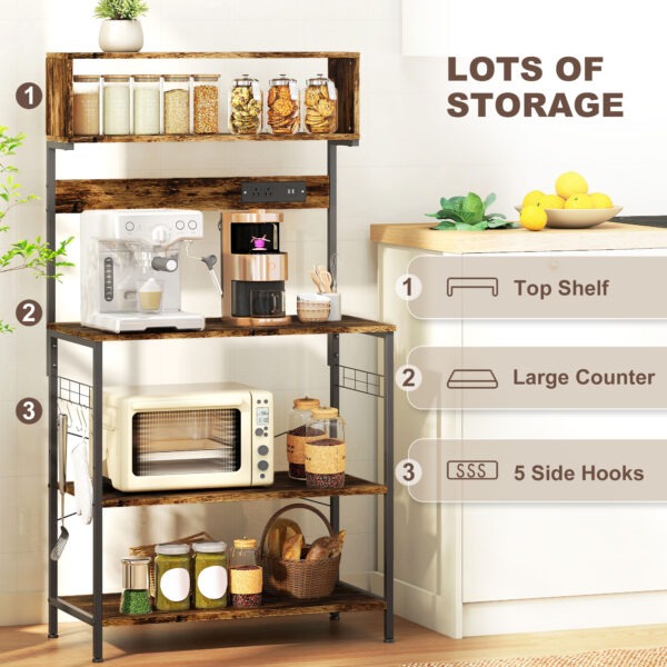 Baker's Rack with Charing Station, Microwave Shelf with Power Outlet, USB Charger and 5 Hooks, Rustic Brown