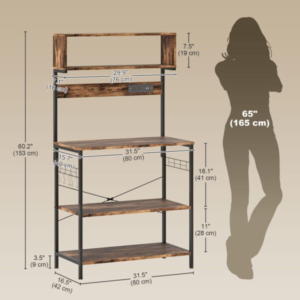 Baker's Rack with Charing Station, Microwave Shelf with Power Outlet, USB Charger and 5 Hooks, Rustic Brown