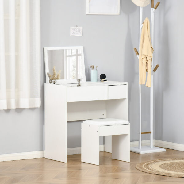 Modern Vanity Set with Flip Top Mirror and Cushioned Stool, Dressing Table with Storage Drawer for Bedroom, White