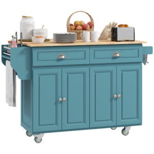 Kitchen Island with Storage, Rolling Kitchen Island with Drop Leaf, Rubber Wood Top and Adjustable Shelves, Light Blue
