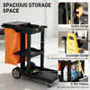 Commercial Janitorial Cart with 3 Tier Shelves, Cleaning Cart with Rubbish Bag and Mop Mount for Hotel Restaurant, Black