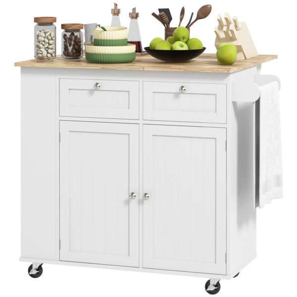 Kitchen Island with Power Outlet and Drop Leaf, Rolling Kitchen Cart with 2 Drawers and Adjustable Shelves, White