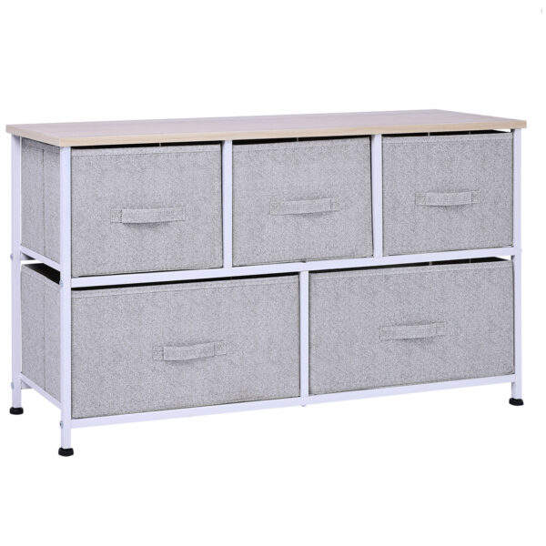 Linen Drawer Cabinet Organizer Storage Dresser Tower with 5 Removable Drawer Metal Frame Adjustable Feet for Living Room, Kitchen, Bathroom, Grey
