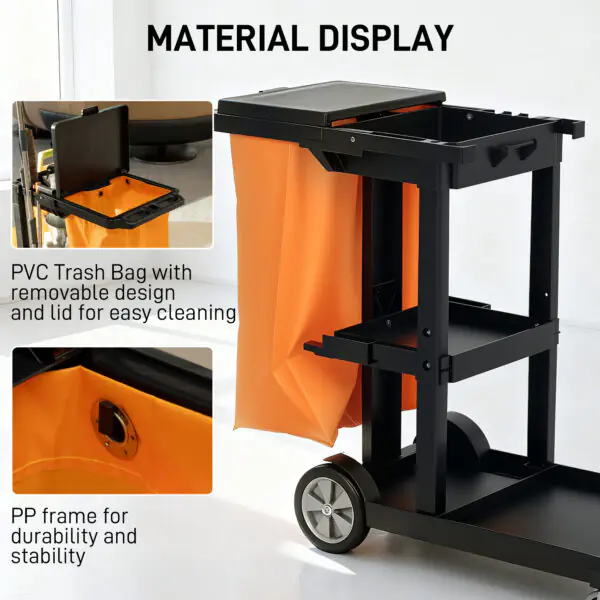 Commercial Janitorial Cart with 3 Tier Shelves, Cleaning Cart with Rubbish Bag and Mop Mount for Hotel Restaurant, Black