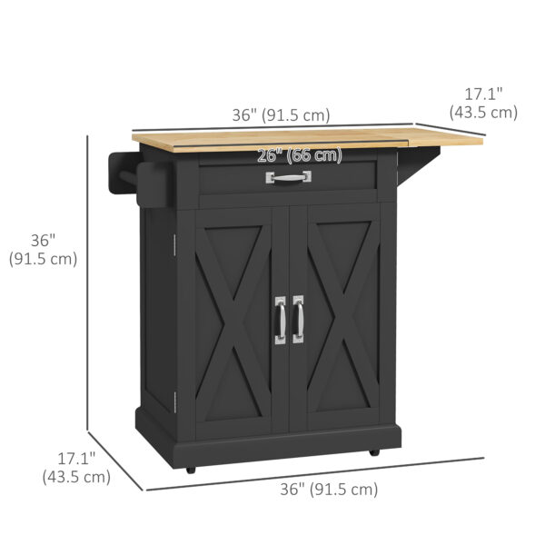 Foldable Kitchen Island with Storage Drawer, Farmhouse Rolling Utility Cart on Wheels with Drop-Leaf Wood Top, Black