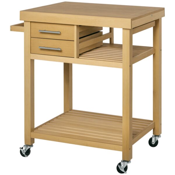 Bamboo Rolling Kitchen Island Trolley with Drawers & Shelves