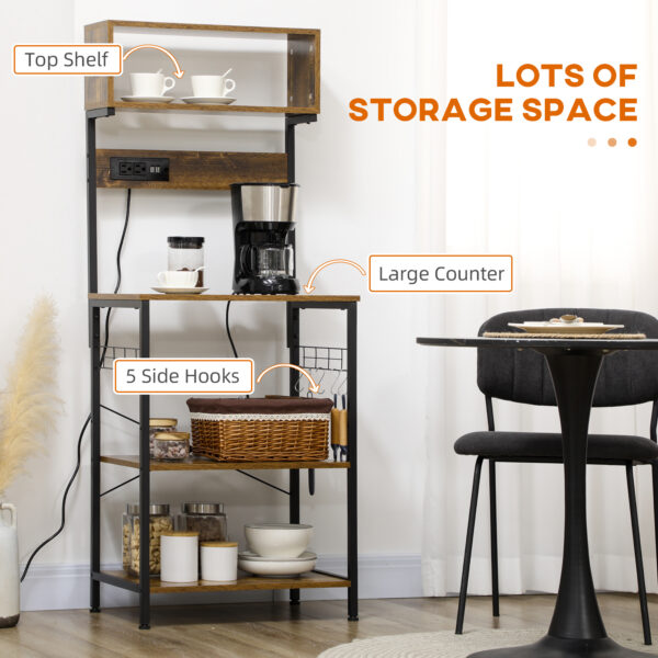 Baker's Rack with Charing Station, Microwave Shelf with Power Outlet, USB Charger and 5 Hooks, Rustic Brown