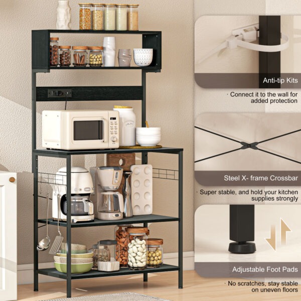 Baker's Rack with Charing Station, Microwave Shelf with Power Outlet, USB Charger and 5 Hooks, Black