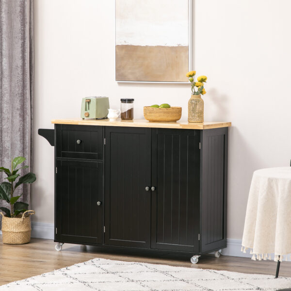 Rolling Kitchen Island with Storage, Utility Kitchen Island Cart with Drawer, Cabinets, Towel Rack and Rubber Wood Top