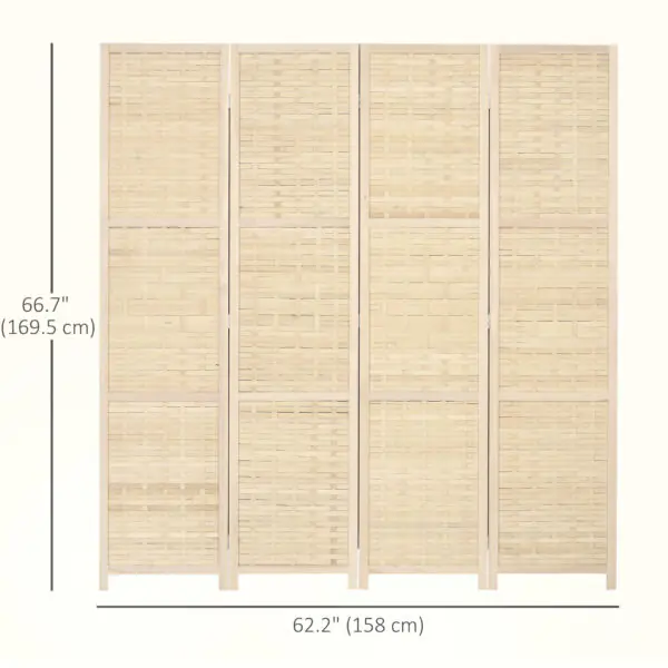 4-Panel Room Divider, 5.6 FT Bamboo Freestanding Folding Privacy Screen for Indoor Bedroom Office, Natural Wood