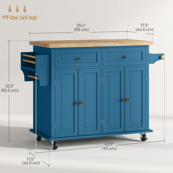 OCU5311968153a60c.jpg Kitchen Island with Storage, Rolling Trolley Cart with Rubber Wood Top, Spice Rack, Towel Rack, Blue