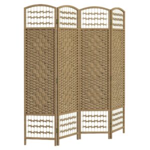 4 Panel Folding Room Divider, Portable Privacy Screen, Wave Fiber Room Partition for Home Office, Natural