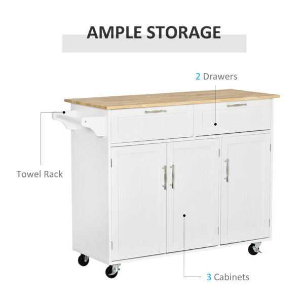 48" Rolling Kitchen Island, Kitchen Cart on Wheels with 2 Storage Drawers, 3 Door Cabinets and Towel Rack for Dining Room (White, 3-Doors)