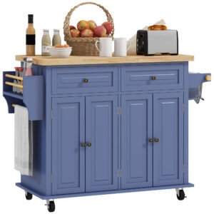Kitchen Island with Storage, Rolling Trolley Cart with Rubber Wood Top, Spice Rack, Towel Rack, Navy Blue