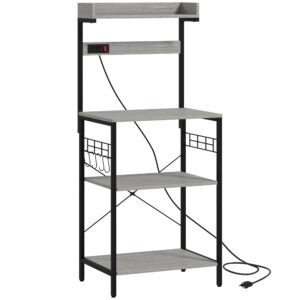 Kitchen Baker's Rack with Power Outlet, Coffee Bar Station with Adjustable Shelves and Hooks, Distressed Grey