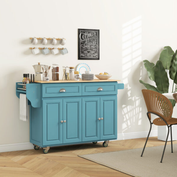 Kitchen Island with Storage, Rolling Kitchen Island with Drop Leaf, Rubber Wood Top and Adjustable Shelves, Light Blue