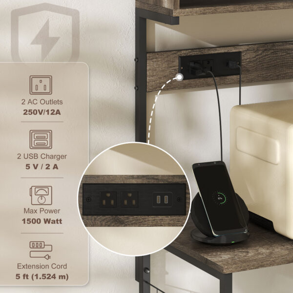 Baker's Rack with Charing Station, Microwave Shelf with Power Outlet, USB Charger and 5 Hooks, Distressed Grey