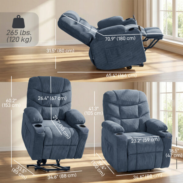 Power Recliner Chair with Massage, Electric Lift Chair for Elderly with Side Pockets, Cup Holders, Remote, Blue