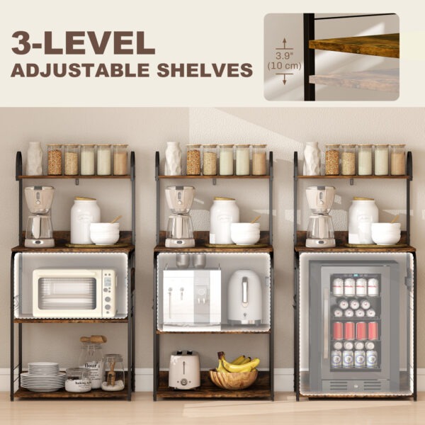 Baker's Rack with Charing Station, Microwave Shelf with Power Outlet, USB Charger and 4 Hooks, Rustic Brown