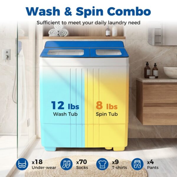 Portable Washing Machine with 12 LBS Washer and 8 LBS Spinner Combo for Apartments-Blue