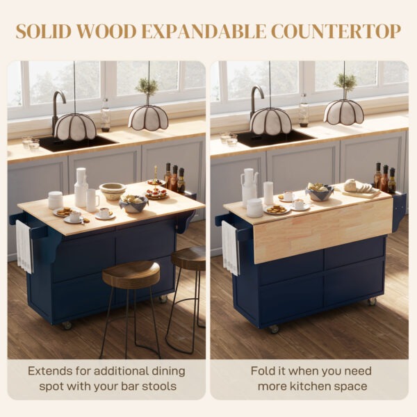 Kitchen Island with Storage, Rolling Kitchen Island with Drop Leaf, Rubber Wood Top and Adjustable Shelves, Navy Blue