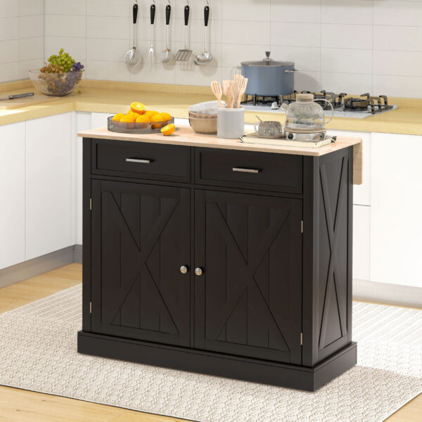 Kitchen Island with Drop Leaf, Rolling Kitchen Cart with 2 Drawers, Adjustable Shelves and Wood Countertop, Black