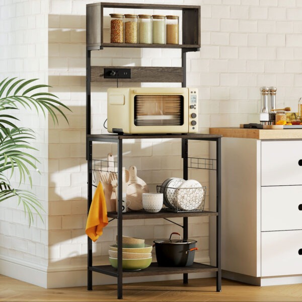 Baker's Rack with Charing Station, Microwave Shelf with Power Outlet, USB Charger and 5 Hooks, Distressed Grey