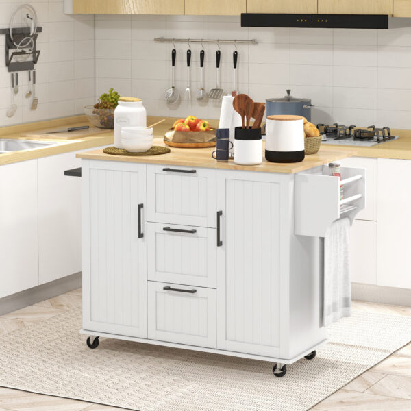 Rolling Kitchen Cart on Wheels with Drop Leaf, Kitchen Island with 3 Drawers, Solid Wood Top and Towel Rack, White