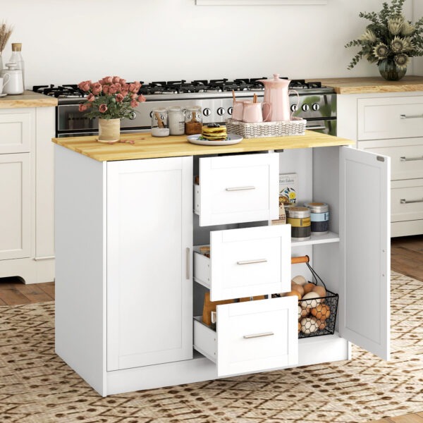 Kitchen Island with Storage Cabinets, Spacious Countertop 3 Drawers, 2 Adjustable Shelves and Sitting Space for Dining Room, White