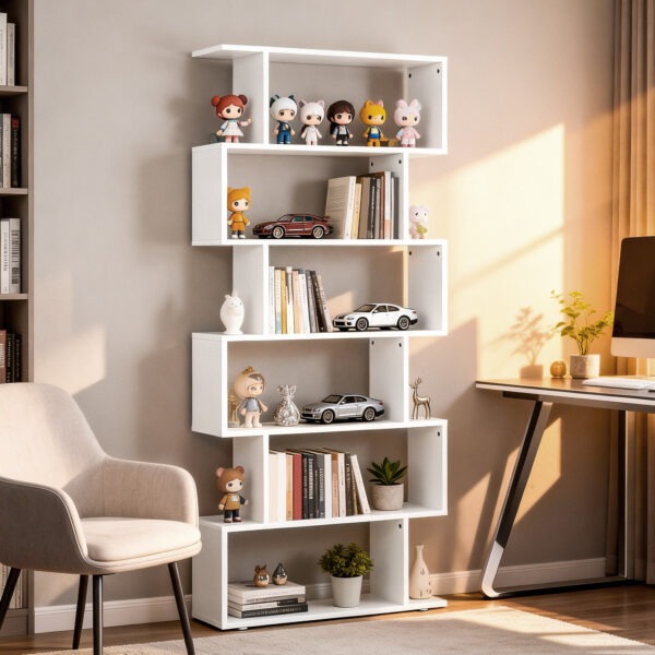76" 6-Tier Geometric Wooden Bookcase S Shaped Storage Display Bookshelf Modern shelf Open Concept Living Room Home Office Furniture, White