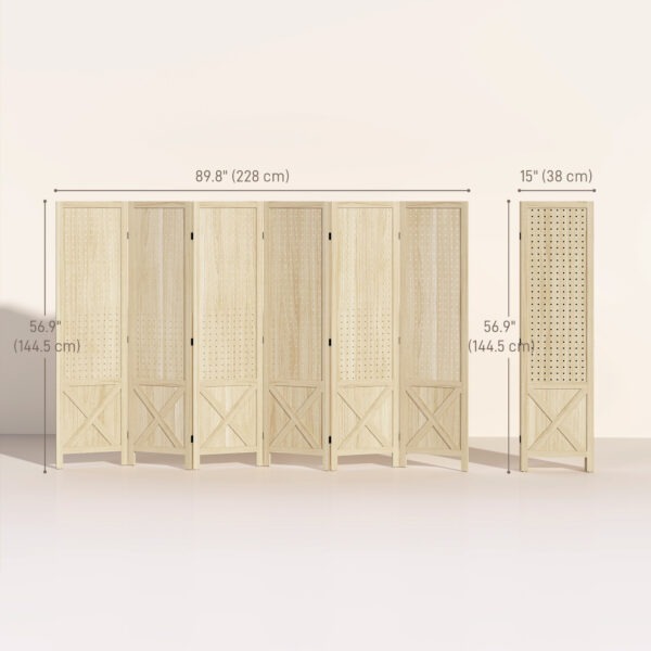 Wooden Room Divider with Pegboard Display, 6 Panel Folding Privacy Screen for Home Office, Natural Wood