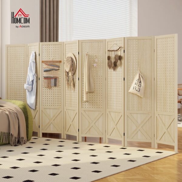 Wooden Room Divider with Pegboard Display, 8 Panel Folding Privacy Screen for Home Office, Natural Wood