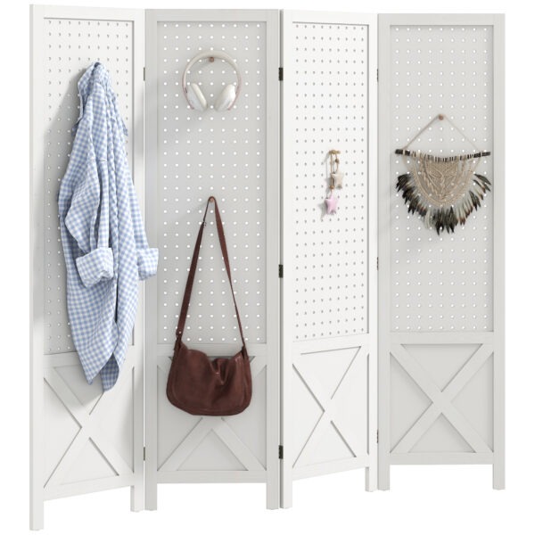 Rb25a519c52979301.jpg 56.9" 4 Panel Wooden Room Divider with Pegboard Display, Folding Privacy Screen for Home Office, White