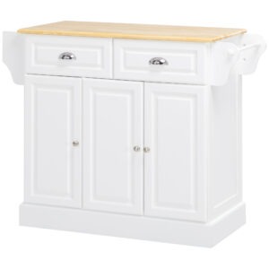Kitchen Island With Storage Rolling Kitchen Serving Cart with Rubber Wood Top Towel Rack Storage Drawer Cabinet, White