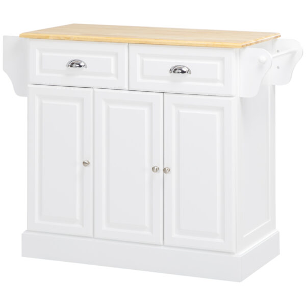 Kitchen Island With Storage Rolling Kitchen Serving Cart with Rubber Wood Top Towel Rack Storage Drawer Cabinet, White
