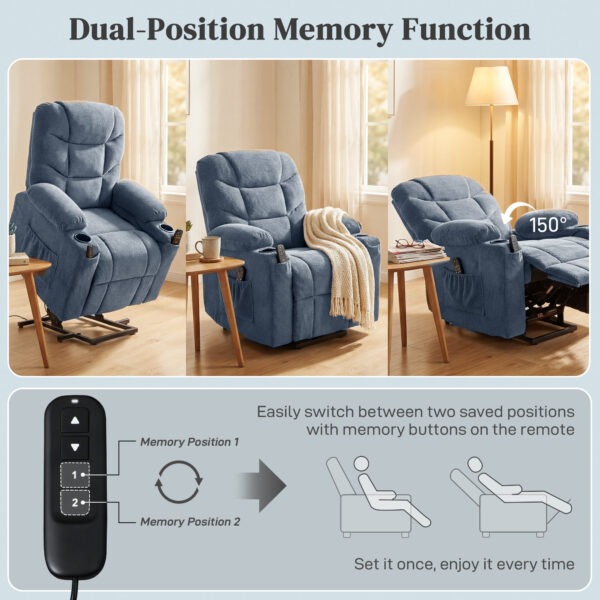 Power Recliner Chair with Massage, Electric Lift Chair for Elderly with Side Pockets, Cup Holders, Remote, Blue