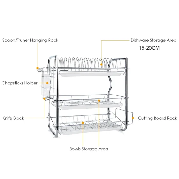 Multi-functional 3-Tier Dish Rack Kitchen Supplies Storage Rack Draining Rack