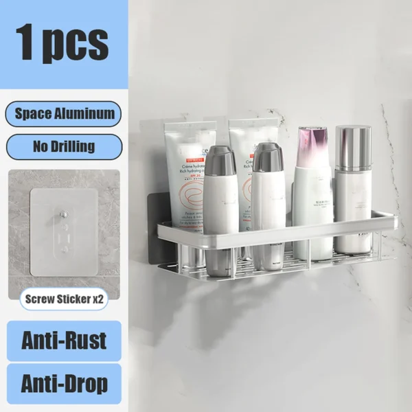 No‑Drill Aluminum Corner Bathroom Shelf – Wall Mounted Shower Organizer