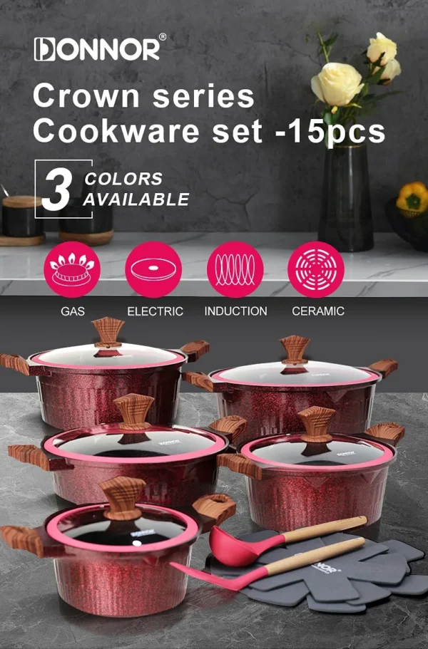 DONNOR 6pcs Non-stick Cookware Set Soup Pot Granite Coating Aluminium Saucepan Stoves Universal Kitchen Cooking Pots Set