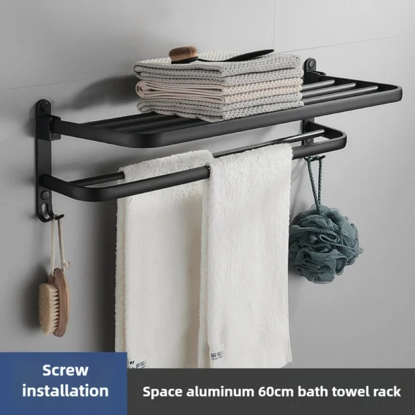 Bathroom Towel Rack Wall Mounted Space Aluminum Storage Shelf Black Double-layer Folding Towel Holder Bathroom Accessories
