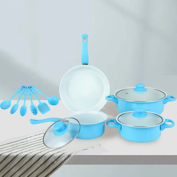 12Pcs Non Stick Cookware Set Milk Pot Maifan Stone Frying Pan with Lid Cooking Pot Set for All Types of Cooker