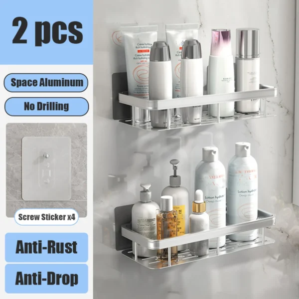 No‑Drill Aluminum Corner Bathroom Shelf – Wall Mounted Shower Organizer