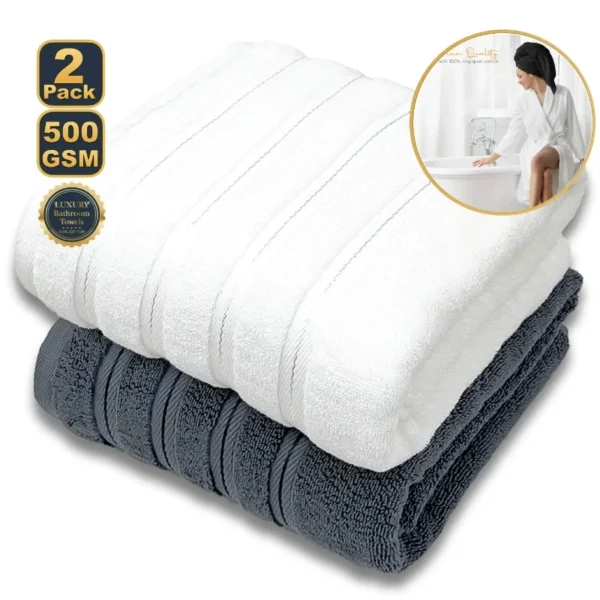 S18b04f0a672f4d7d9b4110a5343912d57.webp 2‑Piece Egyptian Cotton Bath Towel Set – Super Absorbent Quick‑Dry Terry Towels (White & Blue)