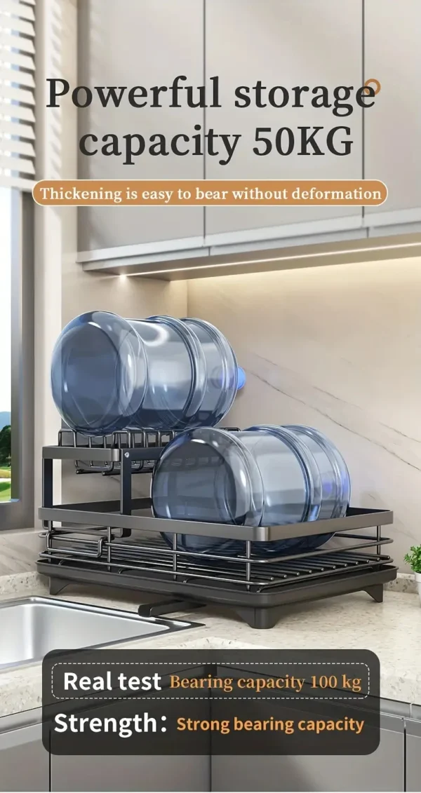 S1f018c9baeb248be9afffafda1362e8fU-1.webp 2‑Tier Stainless Steel Dish Drying Rack with Drainboard