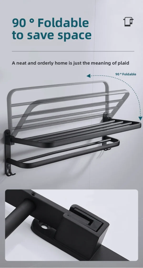 Black Space Aluminum Double‑Layer Folding Bathroom Towel Rack 50–60cm